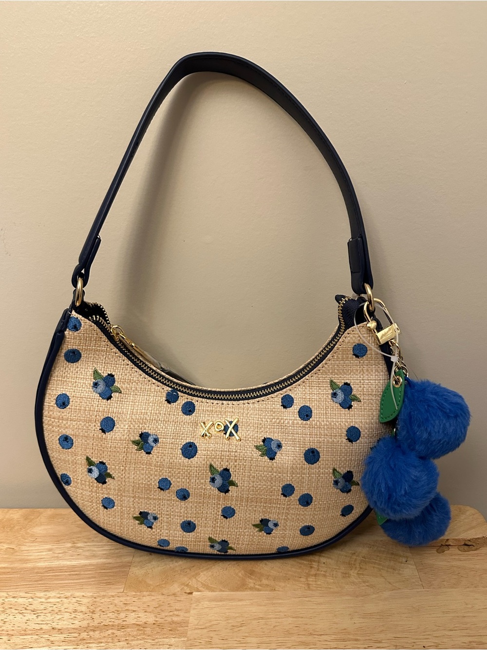Betsey Johnson Navy Trim Straw Shoulder Bag with a Blue Pom Pom Charm - Picture 9 of 16